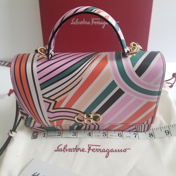 FERRAGAMO Striped Leather Top Handle Crossbody Bag Multi - Picture 13 of 14